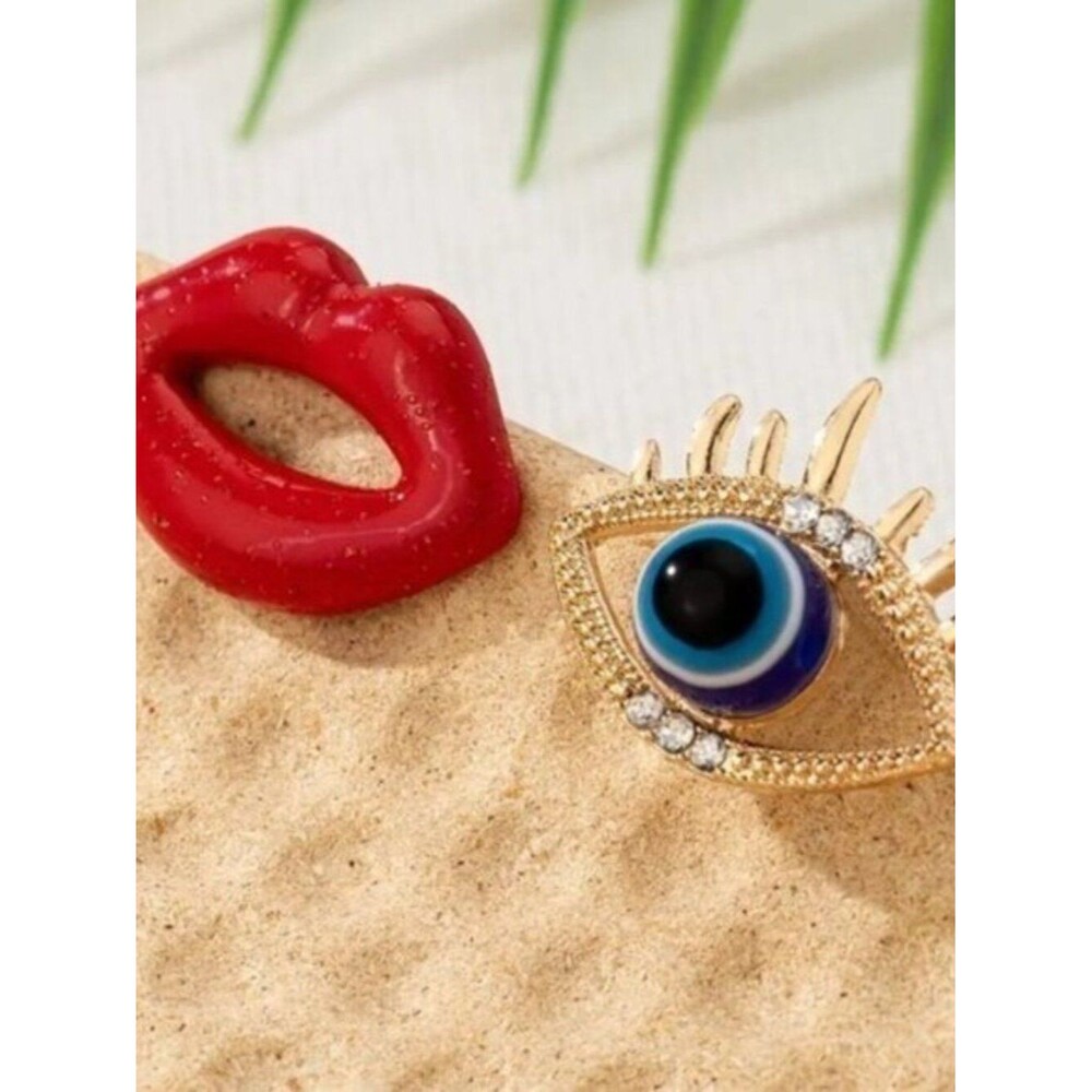 Red Lips and Evil Eye Pendant Stud Earrings